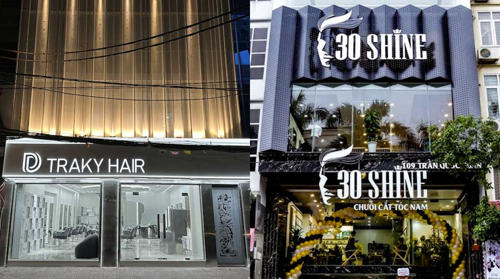Bảng hiệu hộp đèn của salon tóc treo ở mặt tiền cửa hàng, chiếu sáng đồng đều Bang hieu Salon Toc 1020x570 2