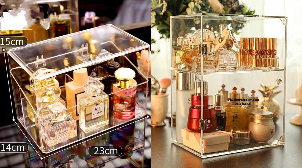 Kệ trưng bày nước hoa bằng Mica bảo vệ và làm nổi bật sản phẩm Ke trung bay nuoc hoa 1020x570 3
