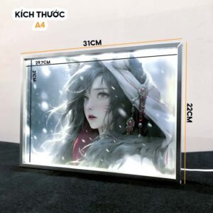 Chi tiết kích thước Hình ảnh màu sắc hiển thị rõ và đều của Khung Tranh Gương Đèn LED Viền Nhôm A4