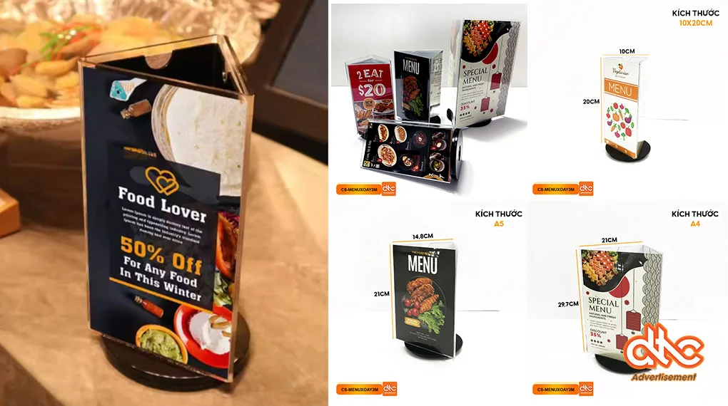 Ke Menu Mica 3 Mat Tam Giac De Xoay, Standee Mica De Ban đa dạng kích thước Ke Menu Mica 3 Mat Tam Giac De Xoay, Standee Mica De Ban đa dạng kích thước