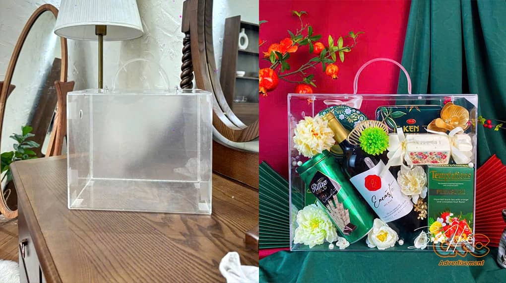 Hộp Vali mica vuông xách tay đựng quà độc đáo, sang trọng 1 Mẫu hộp vali mica quai trong suốt giá rẻ