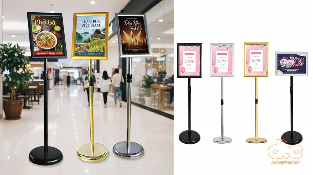 Bảng menu inox chân đứng nâng hạ chiều cao tùy chọn tại DTC Ads