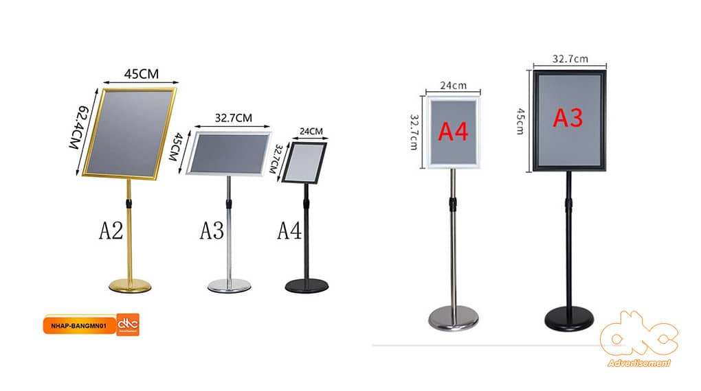 Bảng menu, thông báo, chỉ dẫn chân đứng inox cao cấp kích thước a2, a3, a4
