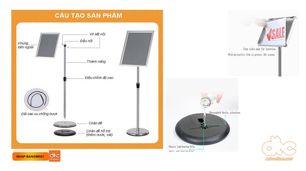 Chi tiết cấu tạo bảng menu, thông báo, chỉ dẫn inox chân đứng