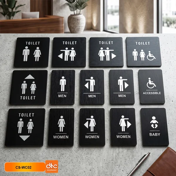 Biển WC nam nữ, bảng nhà vệ sinh, toilet alu đen xước sang trọng