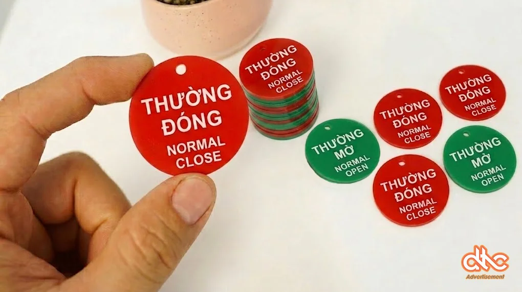 Thẻ Van-Valve Tròn Nhựa Mica Thường Đóng/Thường Mở 45 Thẻ van/valve Đóng mở mica đỏ có khuyên móc khóa