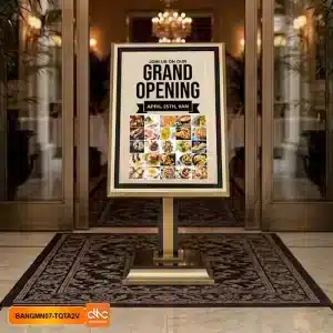 Ảnh thể hiện góc trực diện bảng welcome, menu chân đứng mạ vàng cỡ lớn cao cấp