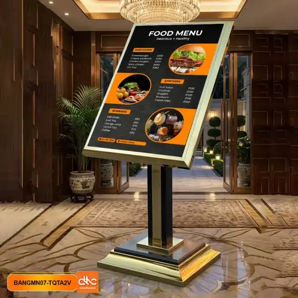 Ảnh tổng thể Bảng welcome, menu chân đứng inox mạ vàng cỡ lớn thực tế