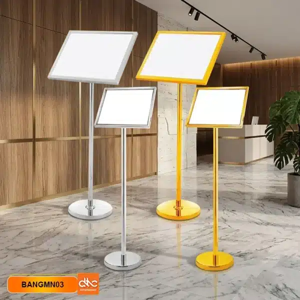 Biển thông báo, chỉ dẫn inox vàng và trắng đứng A3, A4 mặt nghiêng