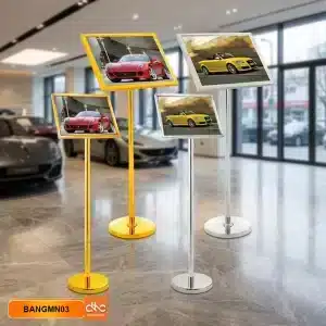 4 mẫu Biển menu thông báo thông tin đứng inox 1 mặt nghiêng vàng và trắng, A4 và A3