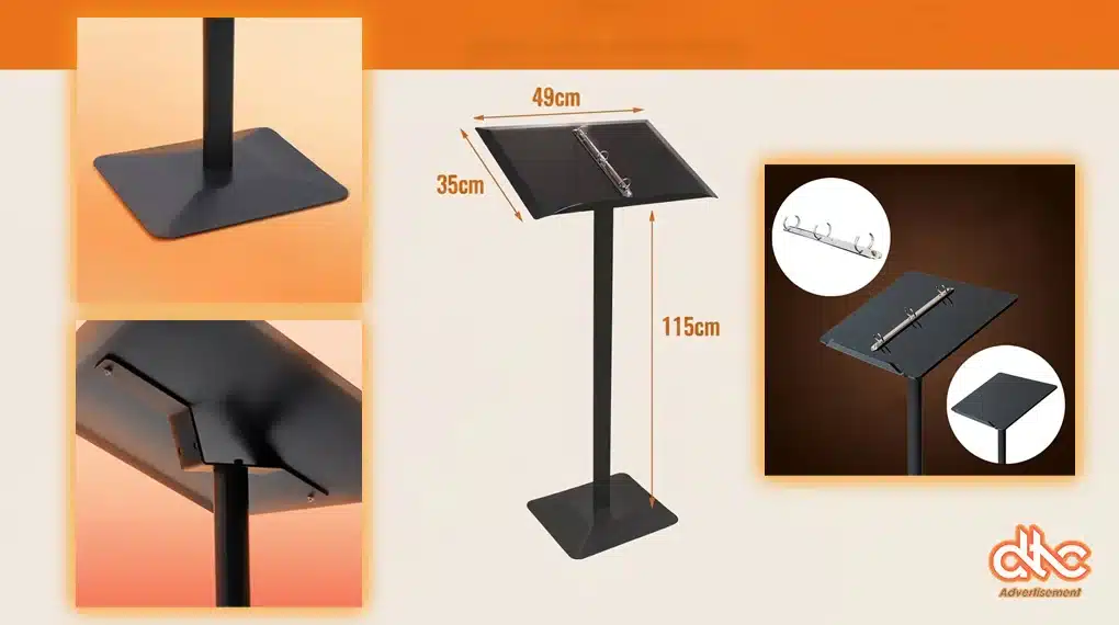 Ảnh mô tả Các chi tiết nổi bật của mẫu Bảng đặt quyển menu chân đứng hợp kim nhôm Bảng đặt quyển menu chân đứng hợp kim nhôm