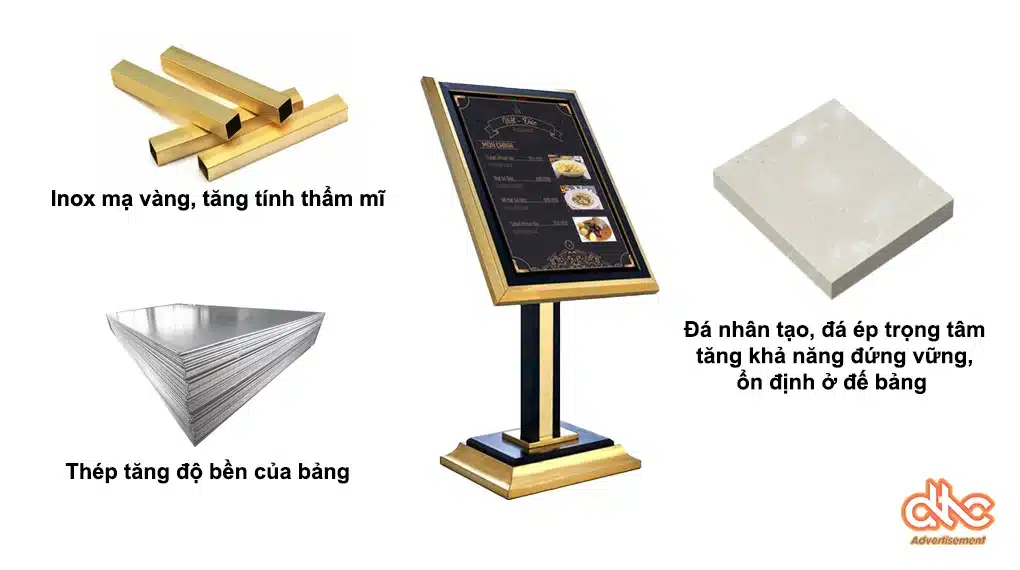 Ảnh cho biết tên của Các nguyên vật liệu chất lượng được dùng để sản xuất Bảng welcome, menu chân đứng cao cấp và sang trọng Bảng welcom, menu chân đứng cao cấp và sang trọng