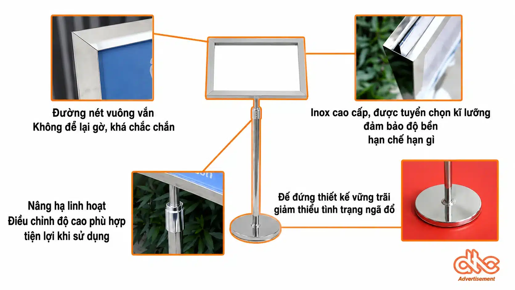 Các yếu tố thiết kế cốt lõi của bảng menu chân đứng Bảng menu inox chân đứng , bảng thông báo inox , bảng chỉ dẫn inox, cấu tạo của bảng menu inox