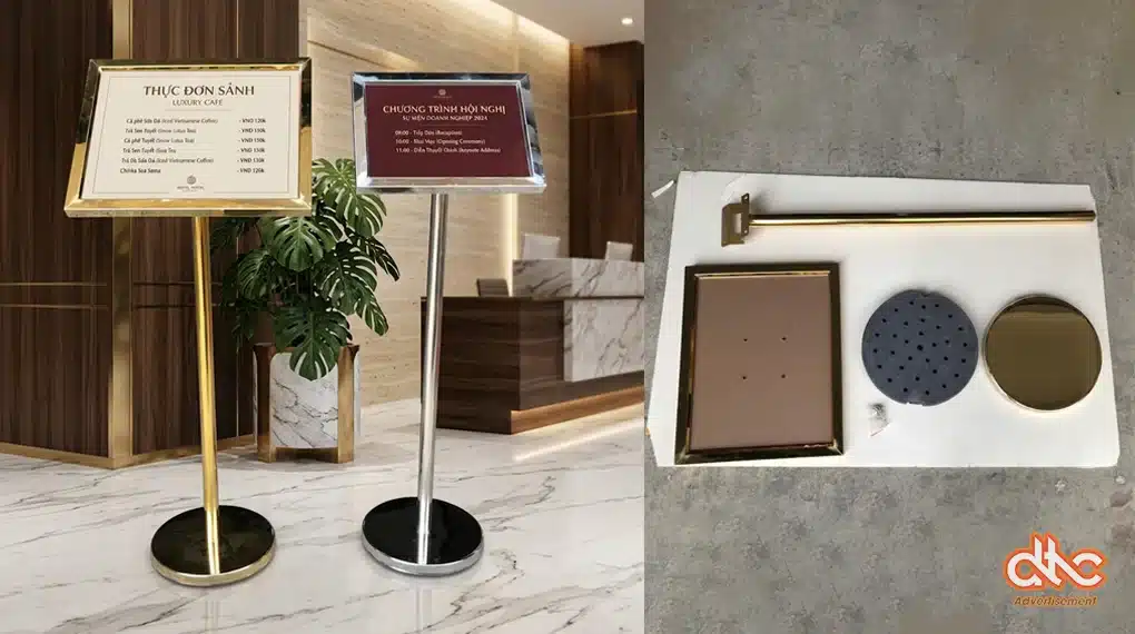 Đặc điểm Bảng menu đứng khách sạn bằng inox 1 mặt nghiêng sang trọng cao cấp cho nhà hàng Đặc điểm cấu tạo Biển Menu Thông Báo Đứng khách sạn bằng inox 1 mặt nghiêng sang trọng cao cấp cho nhà hàng