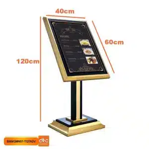 Ảnh cung cấp thông tin Kích thước chi tiết của bảng welcome, menu chân đứng mạ vàng cao cấp cỡ lớn
