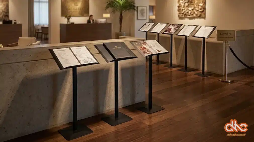 Ảnh thể hiện việc trưng bày số lượng lớn bảng đặt quyển menu chân đứng hợp kim nhôm trong thực tế Bảng đặt quyển menu chân đứng hợp kim nhôm