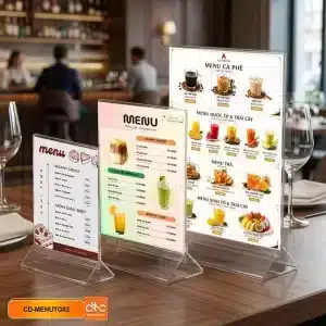 Ảnh thực tế của menu mica acrylic đế tam giác liền